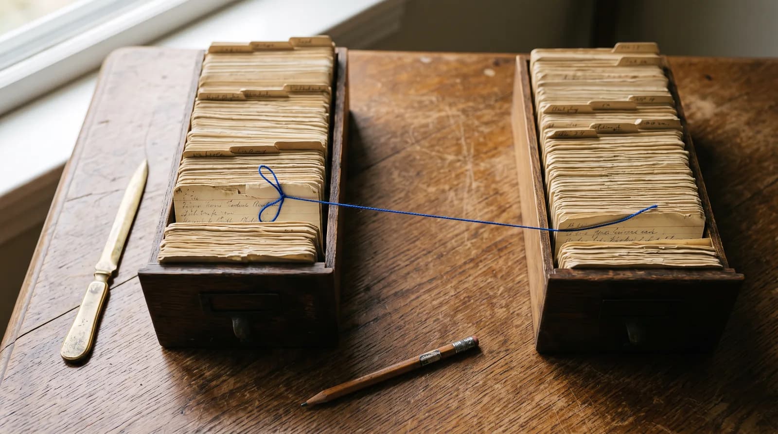 Twee losse houten kaartenbakken op een bureau, met een blauwe draad die een kaart uit de ene met een kaart uit de andere verbindt