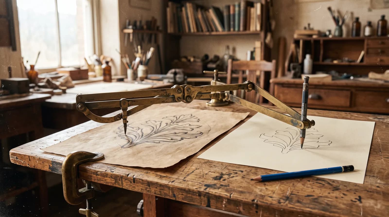 Een koperen pantograaf op een tekentafel die een handgetekend origineel natrekt en de vorm tegelijk op een tweede vel overbrengt