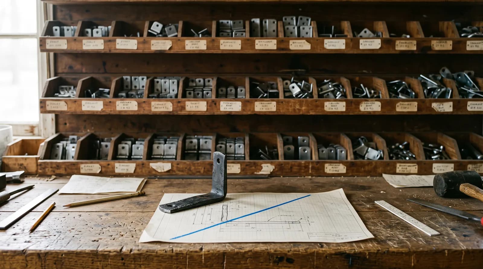 Een wand met bakken vol identieke standaardbeugels, en op de werkbank ervoor één op maat gesmede beugel op een technische tekening