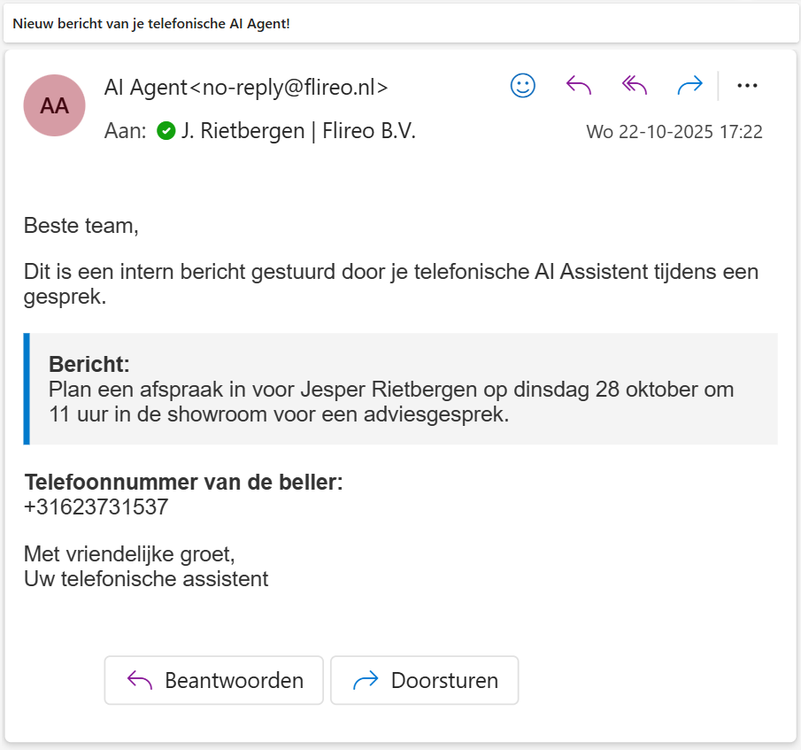 Interne email afspraakbevestiging verstuurd tijdens gesprek